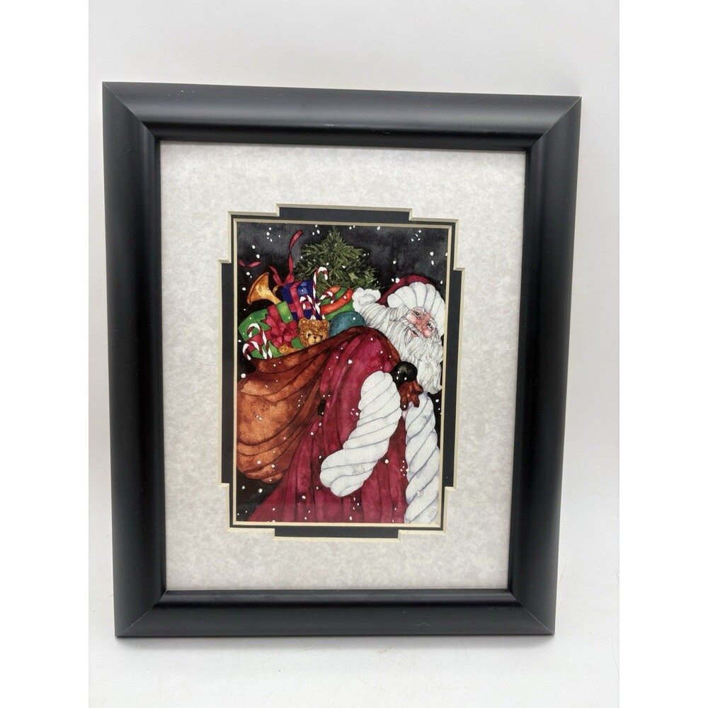 Framed Santa Claus Print Matted Christmas Art 10.5x12 Wood Frame Holiday Decor